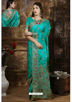 Jade Green Party Wear Heavy Embroidered Silk Sari