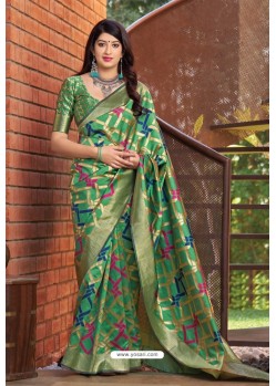 Green Party Wear Printed Banarasi Silk Sari