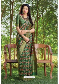 Forest Green Party Wear Printed Banarasi Silk Sari