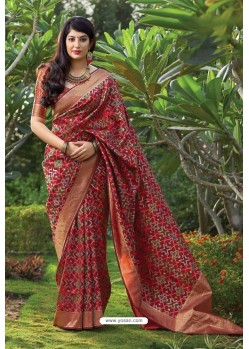 Red Party Wear Printed Banarasi Silk Sari