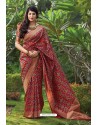 Red Party Wear Printed Banarasi Silk Sari