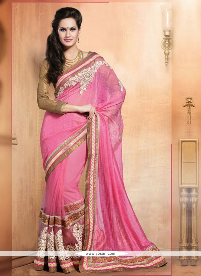 Competent Pink Pure Silk Designer Saree