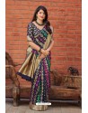 Navy Blue Party Wear Printed Banarasi Silk Sari