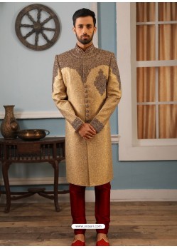 Gold Readymade Heavy Embroidered Indowestern Sherwani For Men