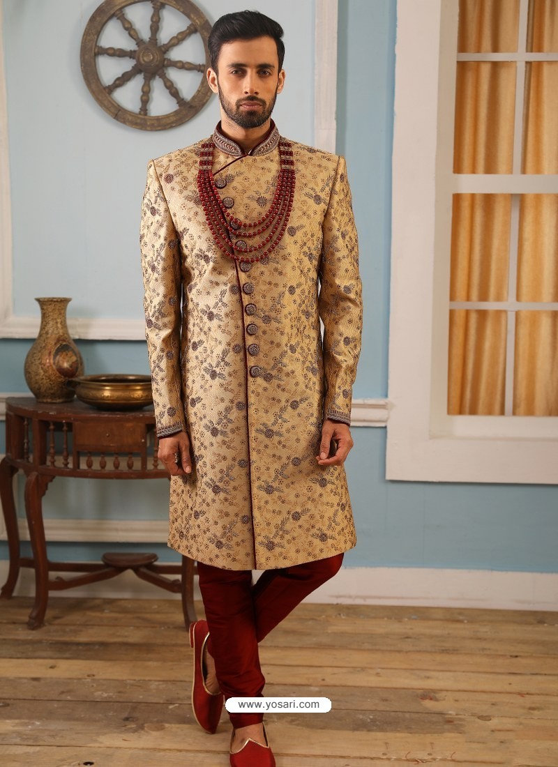 Buy Camel Readymade Heavy Embroidered Indowestern Sherwani For Men ...