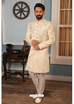 Off White Readymade Heavy Embroidered Indowestern Sherwani For Men