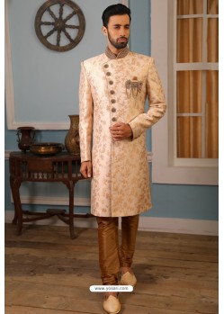 Light Beige Readymade Heavy Embroidered Indowestern Sherwani For Men