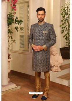 Grey Readymade Heavy Embroidered Indowestern Sherwani For Men