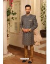 Grey Readymade Heavy Embroidered Indowestern Sherwani For Men