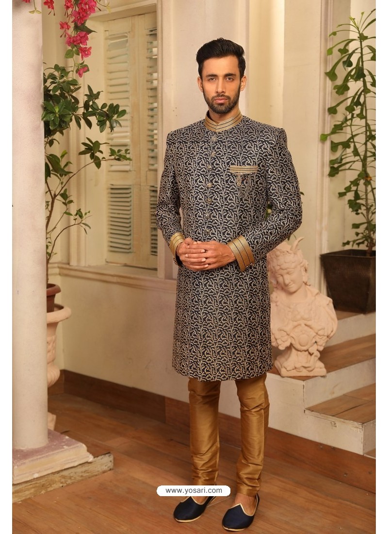 Buy Grey Readymade Heavy Embroidered Indowestern Wedding Sherwani For ...