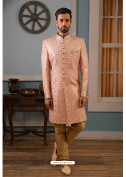 Baby Pink Readymade Heavy Embroidered Indowestern Sherwani For Men