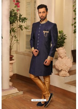 Navy Blue Readymade Heavy Embroidered Indowestern Sherwani For Men