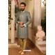 Grey Readymade Heavy Embroidered Indowestern Sherwani For Men