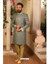 Grey Readymade Heavy Embroidered Indowestern Sherwani For Men