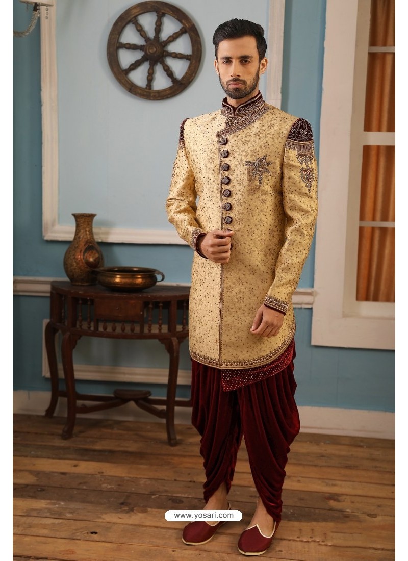 Buy Gold Readymade Heavy Embroidered Indowestern Wedding Sherwani For ...