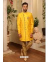 Yellow Readymade Heavy Embroidered Indowestern Sherwani For Men