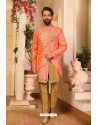 Peach Readymade Heavy Embroidered Indowestern Sherwani For Men