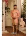 Peach Readymade Heavy Embroidered Indowestern Sherwani For Men