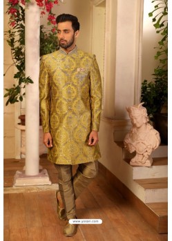 Yellow Readymade Heavy Embroidered Indowestern Sherwani For Men