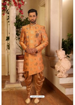 Orange Readymade Heavy Embroidered Indowestern Sherwani For Men