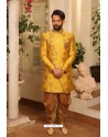 Yellow Readymade Heavy Embroidered Indowestern Sherwani For Men