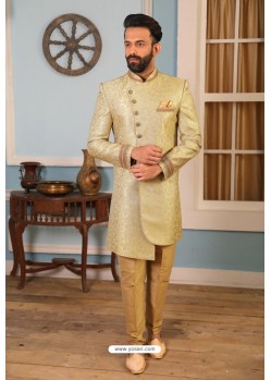 Olive Green Readymade Heavy Embroidered Indowestern Sherwani For Men