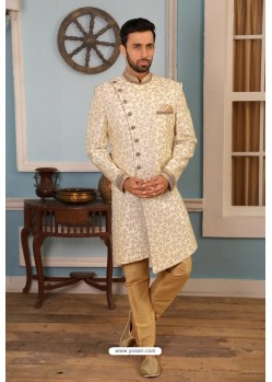 Off White Readymade Heavy Embroidered Indowestern Sherwani For Men