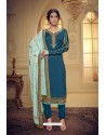 Teal Blue Embroidered Pure Satin Georgette Designer Churidar Salwar Suit