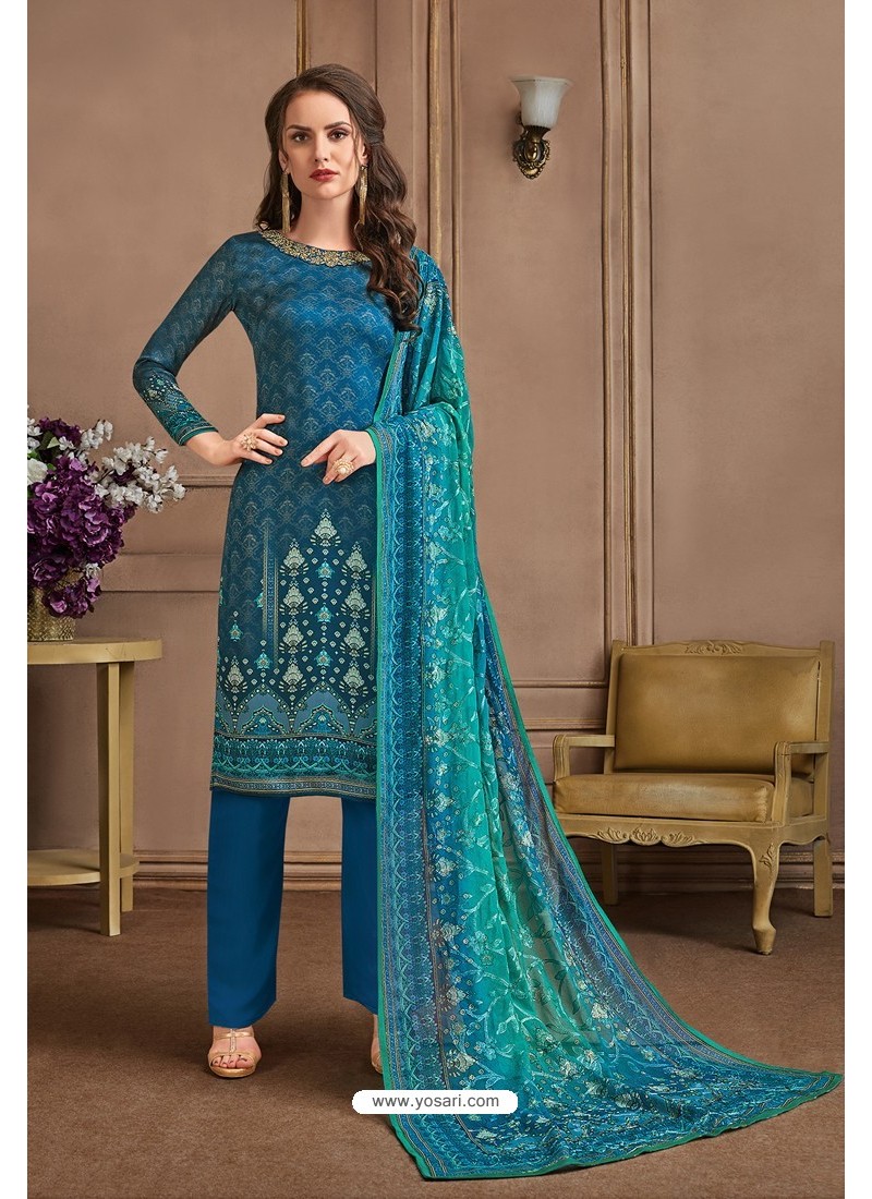 Buy Teal Blue Embroidered Satin Georgette Designer Palazzo Salwar Suit ...