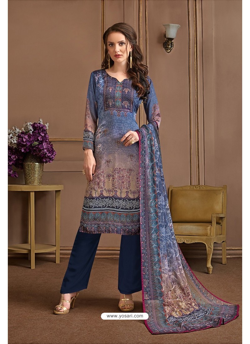 Buy Dark Blue Embroidered Satin Georgette Designer Palazzo Salwar Suit ...
