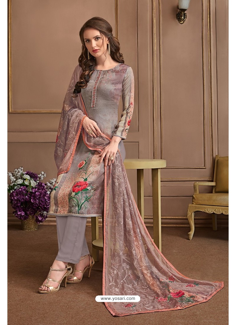 Buy Light Grey Embroidered Satin Georgette Designer Palazzo Salwar Suit