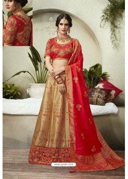 Gold Heavy Embroidered Fancy Silk Jacquard Wedding Lehenga Choli
