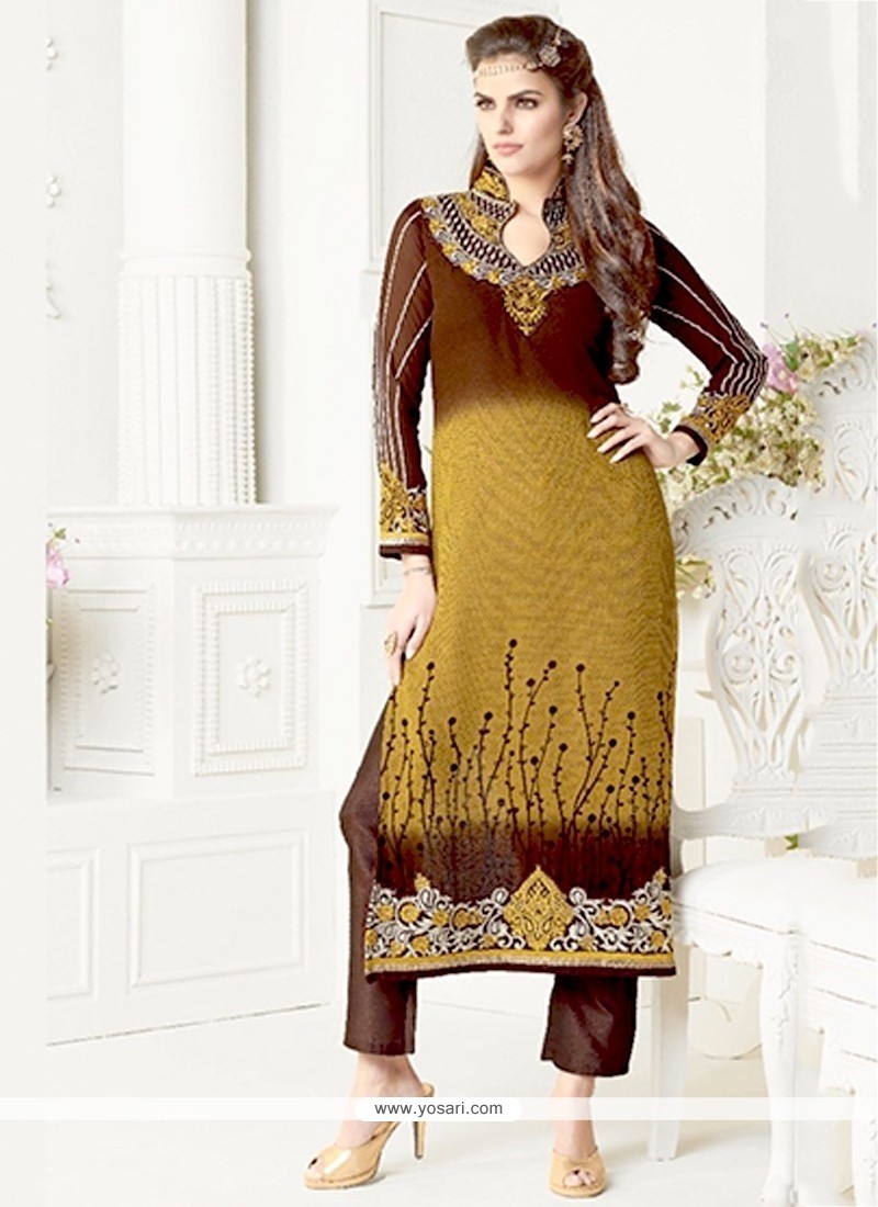 Lurid Georgette Brown Embroidered Work Salwar Suit