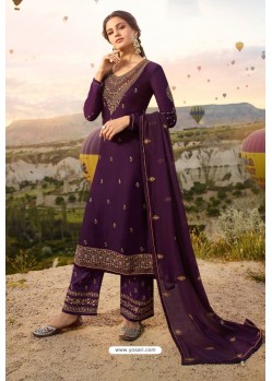 Purple Embroidered Satin Georgette Designer Straight Salwar Suit
