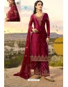 Rose Red Embroidered Satin Georgette Designer Straight Salwar Suit