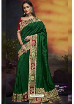 Dark Green Designer Party Wear Two Tone Heavy Satin Silk Sari