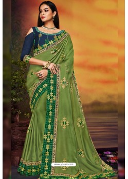 Green Designer Party Wear Two Tone Heavy Satin Silk Sari