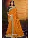 Orange Designer Party Wear Two Tone Heavy Satin Silk Sari