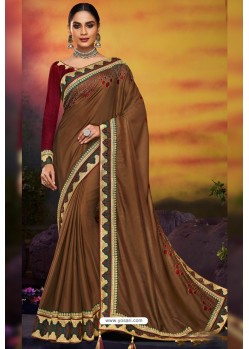 Brown Designer Party Wear Two Tone Heavy Satin Silk Sari