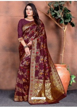 Deep Wine Designer Party Wear Lichi Silk Sari