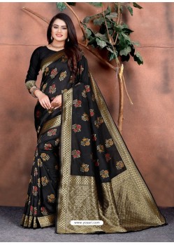 Black Designer Party Wear Lichi Silk Sari