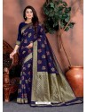 Navy Blue Designer Party Wear Lichi Silk Sari