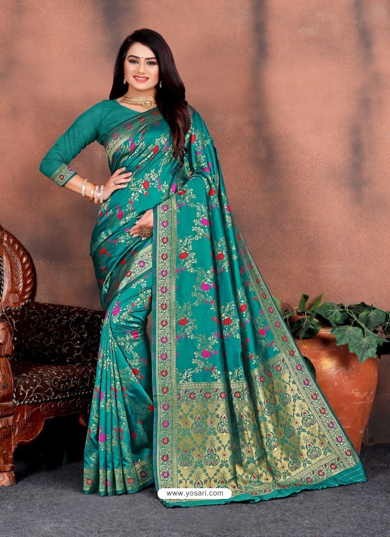 Buy Teal Designer Party Wear Lichi Silk Sari | Designer Sarees