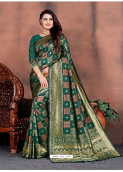 Dark Green Designer Party Wear Lichi Silk Sari