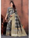 Grey Designer Party Wear Lichi Silk Sari