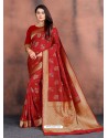 Red Designer Party Wear Lichi Silk Sari