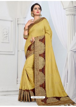 Khaki Party Wear Heavy Embroidered Soft Art Silk Sari