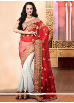 Asthetic White And Red Net Designer Saree