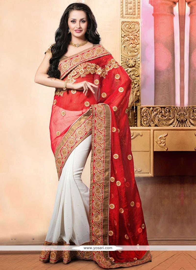 Asthetic White And Red Net Designer Saree