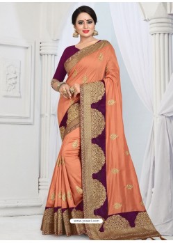 Light Orange Party Wear Heavy Embroidered Soft Art Silk Sari